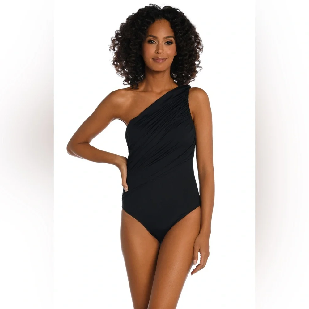 La Blanca Island Goddess Shirred One Shoulder One Piece - Black, Size 6, $120